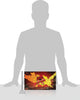 Cardboard box with a red and yellow design, size indicated by a person's silhouette.