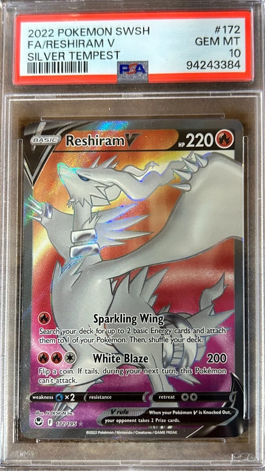 Pokemon 2022 Silver Tempest Full Art RESHIRAM V #172 PSA 10 Gem Mint RARE Pokemon 2022 Silver Tempest Full Art RESHIRAM V #172 PSA 10 Gem Mint RARE  (English Version)