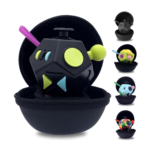 PILPOC theFube 12-Sided Fidget Cube – Anti-Stress Anxiety Toy for Kids & Adults, ADHD & ADD Focus Fidget Dice with Carry Case (Black & Mix)