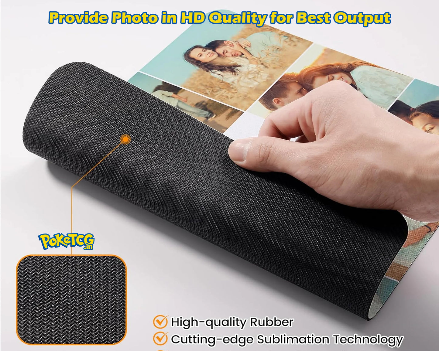 A hand holding a rolled black textured photo transfer sheet with printed sample photos visible on one end. The image includes marketing text and a fabric texture inset, showing a PokTCG brand mark.