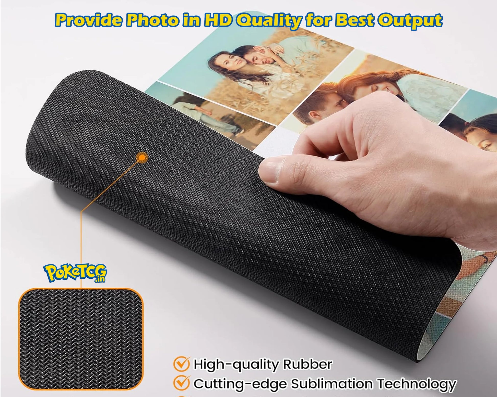A hand holding a rolled black textured photo transfer sheet with printed sample photos visible on one end. The image includes marketing text and a fabric texture inset, showing a PokTCG brand mark.