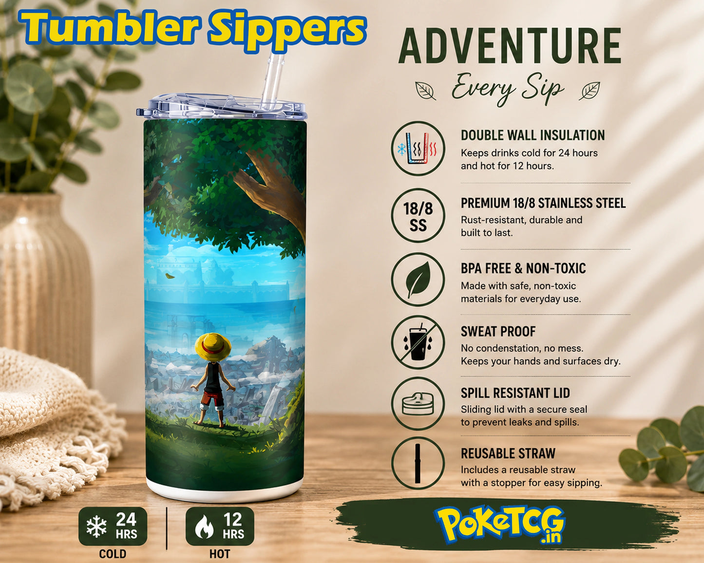 One Piece Luffy Anime Tumbler Sipper – Premium Stainless Steel Insulated Travel Mug with Straw