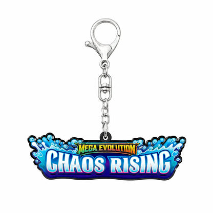 A metal keychain featuring a colorful 'Mega Evolution Chaos Rising' logo charm with blue and white lettering, set against a plain white background.