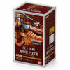A Bandai Namco One Piece Card Game card box in a clear plastic display case, featuring artwork of Luffy and other One Piece characters on a dark red background.