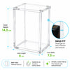 Clear acrylic display box with dimension labels showing inner height of 14.5 cm, inner length of 9 cm, and inner width of 7.