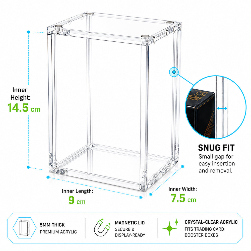 Clear acrylic display box with dimension labels showing inner height of 14.5 cm, inner length of 9 cm, and inner width of 7.