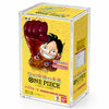 A clear acrylic display box containing a yellow One Piece card game box, featuring the character Monkey D. Luffy on the front.