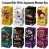 Eight One Piece card game booster boxes arranged in two rows on a white background, with the text 'Compatible With Japanese Booster Box' at the top. The boxes feature different character designs from the anime, including Monkey D.