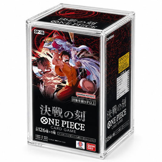 A clear acrylic display box containing a Bandai Namco One Piece Card Game OP-16 booster pack, shown on a clean white background.