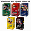 Five One Piece booster boxes in different colors arranged on a white background under the text 'Compatible With Japanese Booster Box.' The boxes feature anime characters from One Piece: Pirate Frontier, Grand Line Chapter, Grand Line Chapter 2, Grand Line Chapter 3, and Grand Line Chapter 4.