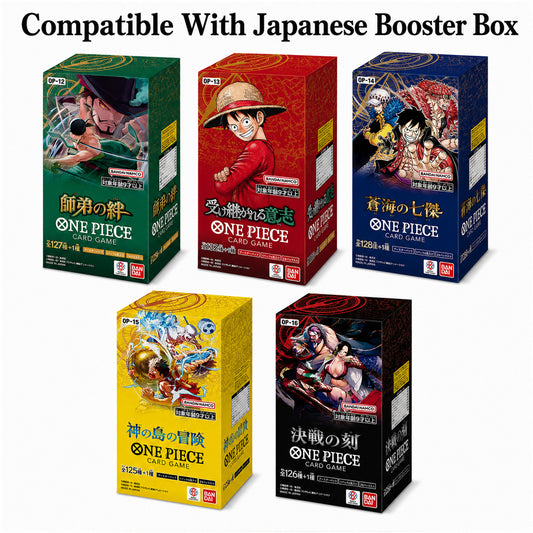 Five One Piece booster boxes in different colors arranged on a white background under the text 'Compatible With Japanese Booster Box.' The boxes feature anime characters from One Piece: Pirate Frontier, Grand Line Chapter, Grand Line Chapter 2, Grand Line Chapter 3, and Grand Line Chapter 4.