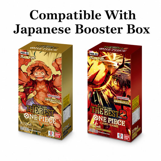 Two One Piece card game booster boxes shown side by side on a white background, with large text above reading 'Compatible With Japanese Booster Box.' The left box is tan/gold with Monkey D.