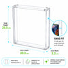 Clear acrylic display box with dimension labels showing inner height, inner length, and inner width of 20.5 cm, plus a circular inset showing a snug fit and a feature banner at the bottom.