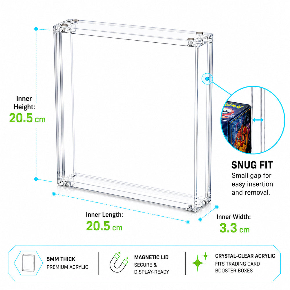 Clear acrylic display box with dimension labels showing inner height, inner length, and inner width of 20.5 cm, plus a circular inset showing a snug fit and a feature banner at the bottom.