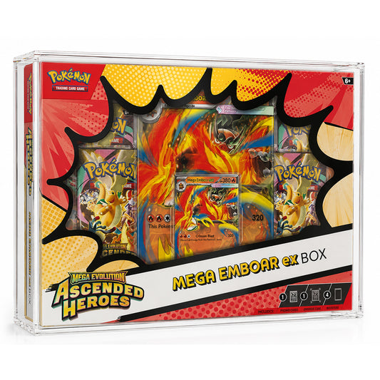 Pokémon Mega Evolving Ascended Heroes Mega Emboar ex Box trading card set in a clear plastic clamshell box, showing multiple colorful Pokémon cards and booster packs inside.