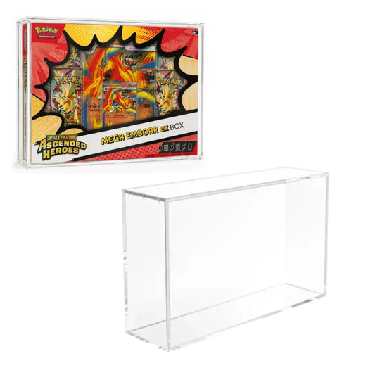 A clear acrylic display box shown empty in the foreground, with a Pokémon 'Ascended Heroes Mega Evolution Box' package displayed in the upper left on a white background.