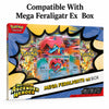 Pokémon Mega Feraligatr ex Box trading card game box shown on a white background with the text 'Compatible With Mega Feraligatr Ex Box' above it. The box features colorful comic-style graphics, visible booster packs, and a central Feraligatr card artwork.