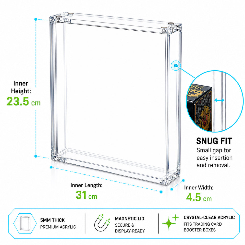 Clear acrylic magnetic display box with dimension labels showing inner height of 23.5 cm, inner length of 31 cm, and inner width of 4.