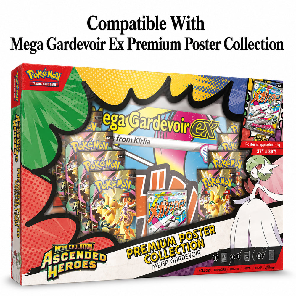 A boxed Pokémon Mega Gardevoir Ex Premium Poster Collection product package shown on a white background with headline text above reading 'Compatible With Mega Gardevoir Ex Premium Poster Collection.' The box features colorful graphic artwork, multiple booster pack illustrations, and visible Pokémon branding.
