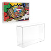 A clear acrylic display box shown in front of its retail packaging on a white background. The box is transparent and rectangular, while the packaging features colorful card art and text for a Pokémon TCG product.
