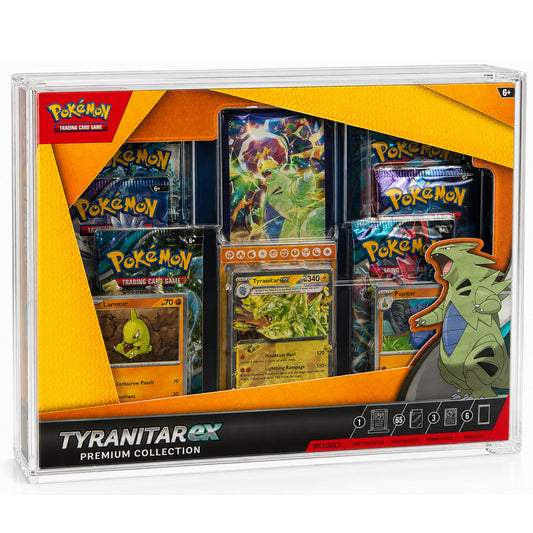 Pokémon Tyranitar EX Premium Collection card display box containing multiple Pokémon trading card packs and cards, shown in a clear plastic case on a white background.