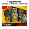 Pokémon Tyranitar Ex Premium Collection box set shown front-facing on a white background, with large text above reading 'Compatible With Tyranitar Ex Premium Collection Box.' The box contains multiple Pokémon trading card packs and a clear display window showing character cards.