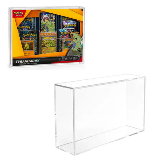 A clear acrylic display box shown empty on a white background, with a Pokémon Tycanitarbox Mega Evolution Pokémon TCG product box displayed in the upper left corner.