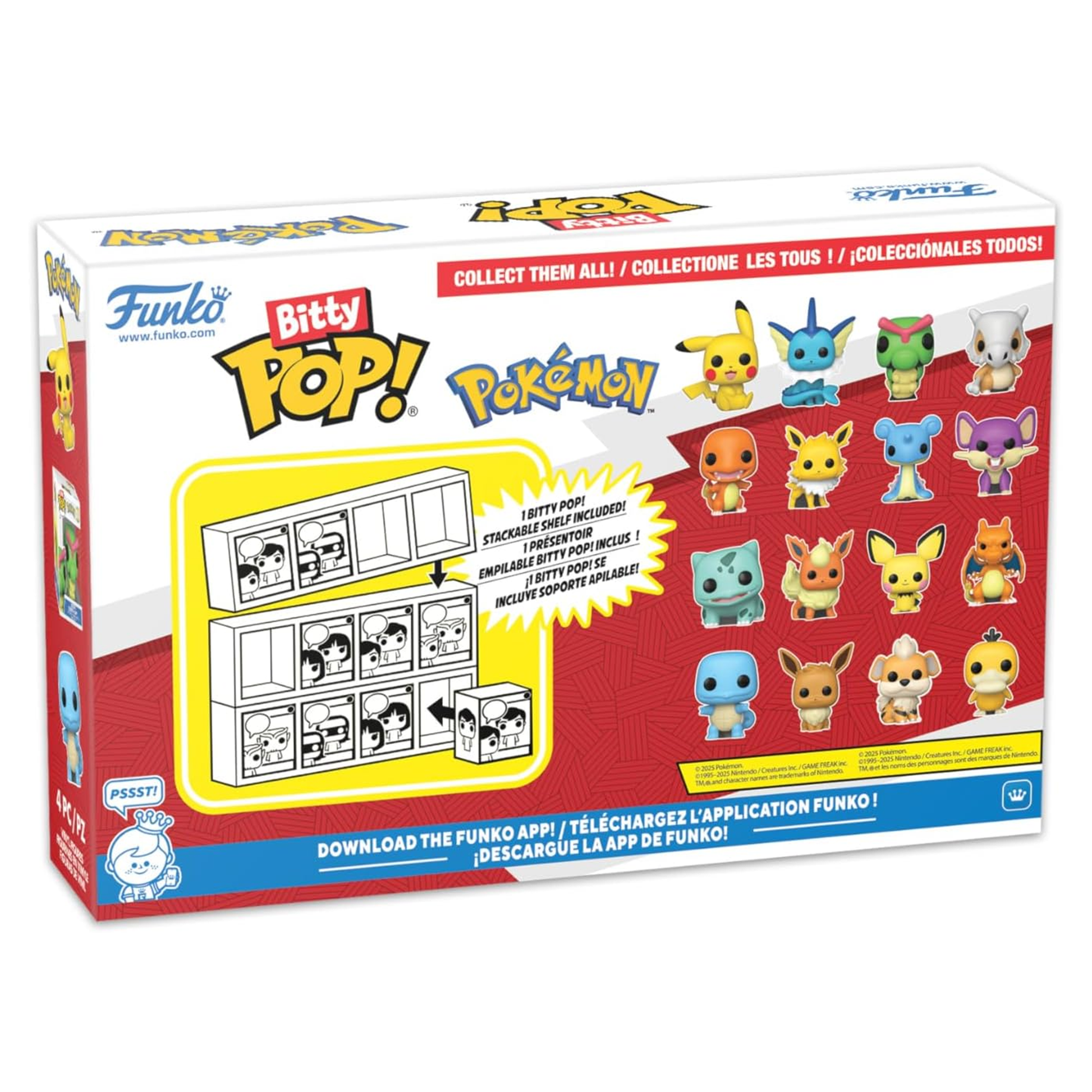 Funko Bitty Pop! Pokemon toy set packaging with figures and display case on a white background