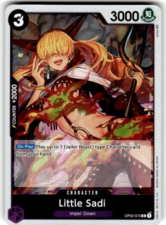 One Piece TCG Little Sadi OP02-073 foil card from Paramount War set in Near Mint condition showcasing vibrant character artwork.