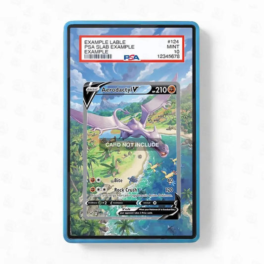 Pokémon trading card in a protective case with label