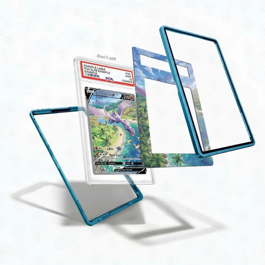 Pokémon trading card with protective blue frames on a white background