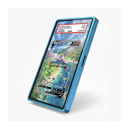 A blue protective phone case shown on a smartphone, featuring a sample PSA grading label overlay on the screen, set against a clean white background.