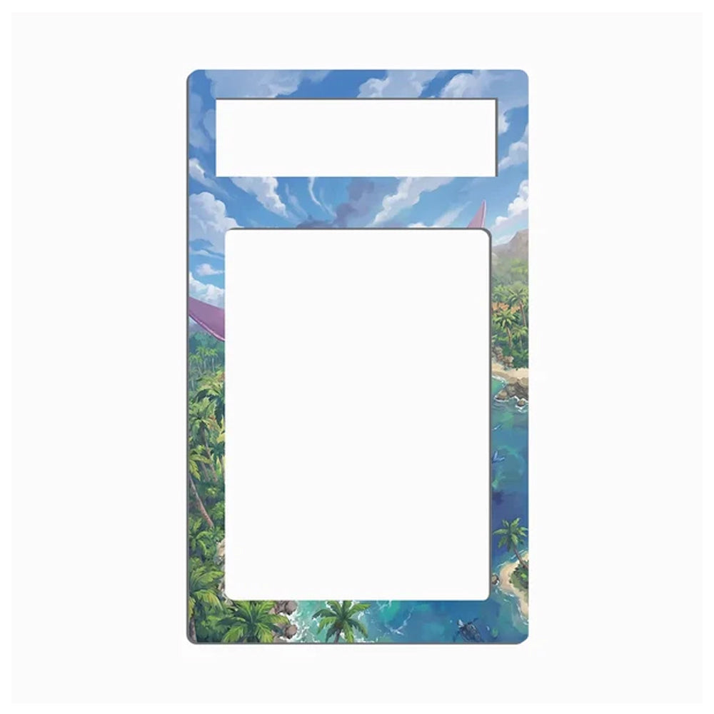 A rectangular decorative plate or cover with rounded corners featuring a tropical beach scene print, including blue sky, clouds, palm trees, and turquoise water, shown on a plain white background.