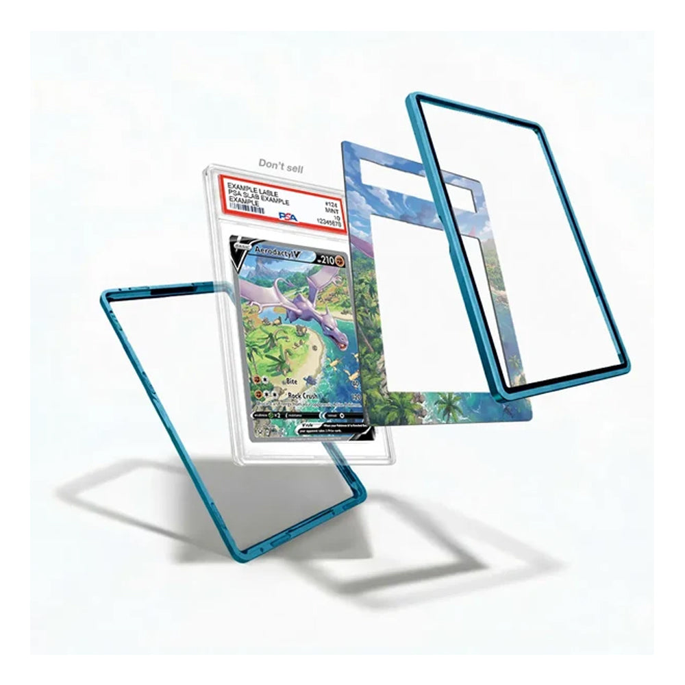 A clear acrylic display card sleeve with a translucent blue border, shown holding a graded Pokémon TCG card and surrounded by floating empty sleeve panels on a white background.