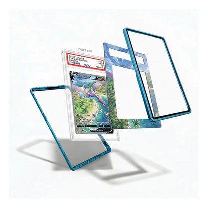 A clear acrylic display card sleeve with a translucent blue border, shown holding a graded Pokémon TCG card and surrounded by floating empty sleeve panels on a white background.
