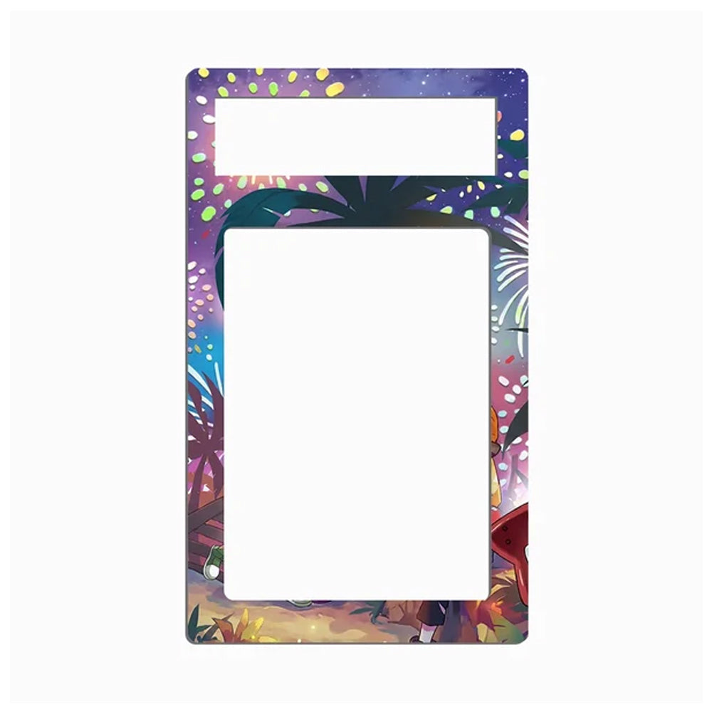 A decorative rectangular frame or border with two large white cutout areas, featuring a colorful illustrated tropical and floral pattern around the edges on a light gray background.