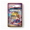 A PSA graded sample trading card slab on a white background. The slab has a red border and a colorful illustrated insert, with a PSA label visible at the top.