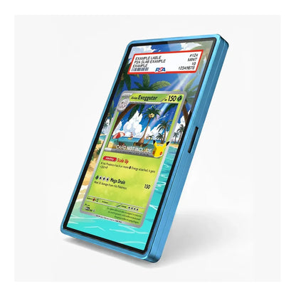 A blue protective frame or case around a smartphone, shown at an angle on a light gray background. The phone screen displays a colorful Pokémon card design with the Exeggaster card visible.