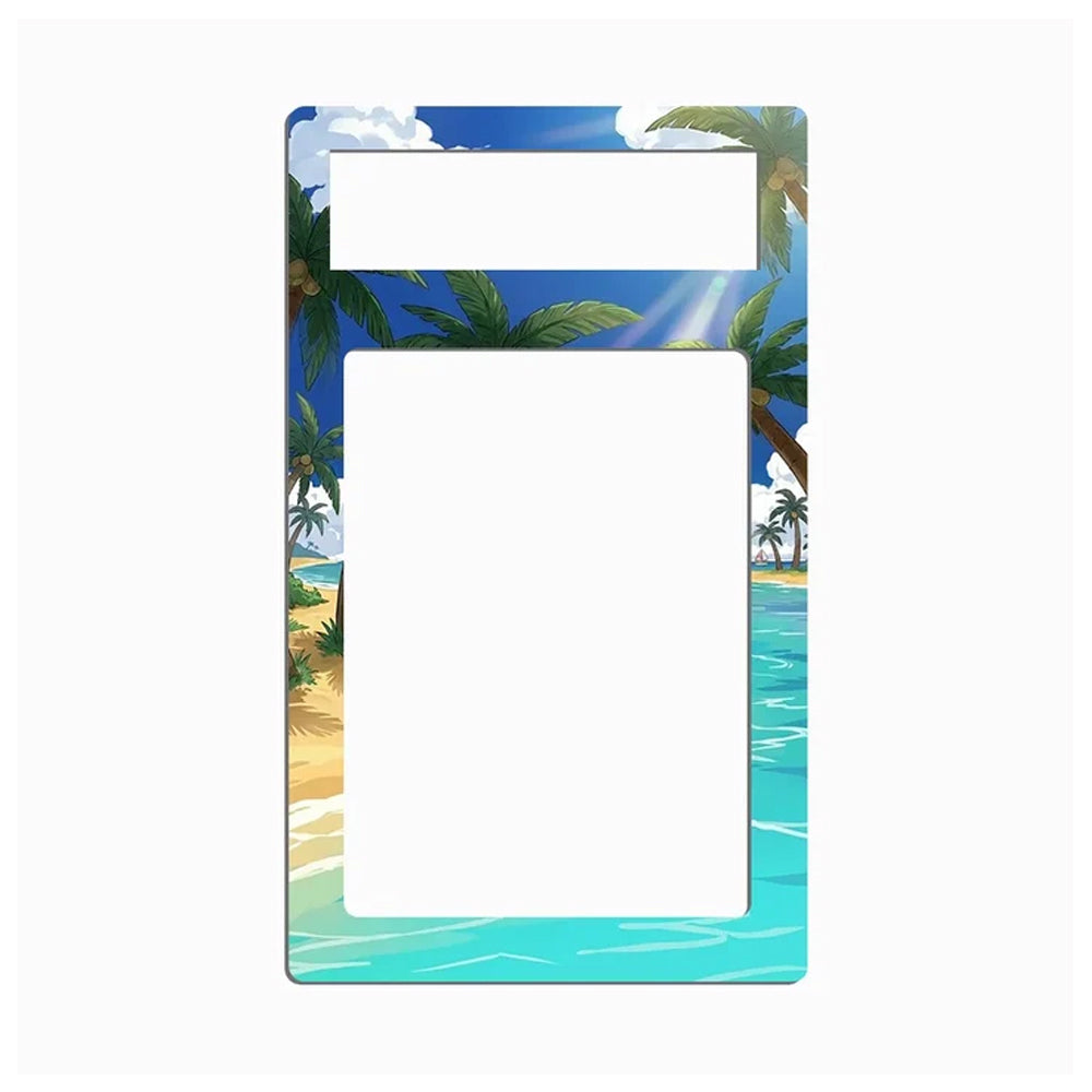 A rectangular plastic or acrylic frame with a tropical beach scene printed around the border, featuring blue sky, palm trees, sandy shore, and turquoise water. The center is open, with a smaller rectangular cutout at the top and a larger vertical cutout below, shown on a plain white background.