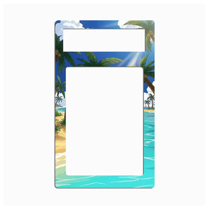 A rectangular plastic or acrylic frame with a tropical beach scene printed around the border, featuring blue sky, palm trees, sandy shore, and turquoise water. The center is open, with a smaller rectangular cutout at the top and a larger vertical cutout below, shown on a plain white background.