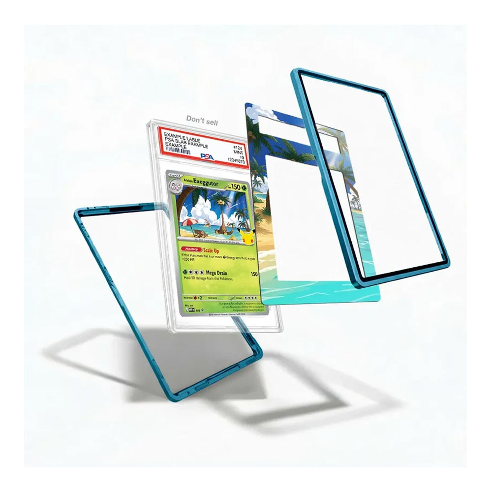 Three transparent acrylic or glass display cards with blue-tinted edges are arranged floating on a white background, with one card holding a Pokémon trading card visible inside. No person, animal, or real environment is present, so this is Product/Packaging rather than Lifestyle.
