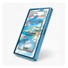 A blue protective phone case with a printed sky-and-cloud pattern, shown on a smartphone. The screen displays a sample Pokémon trading card insert as a demo of the custom print design.