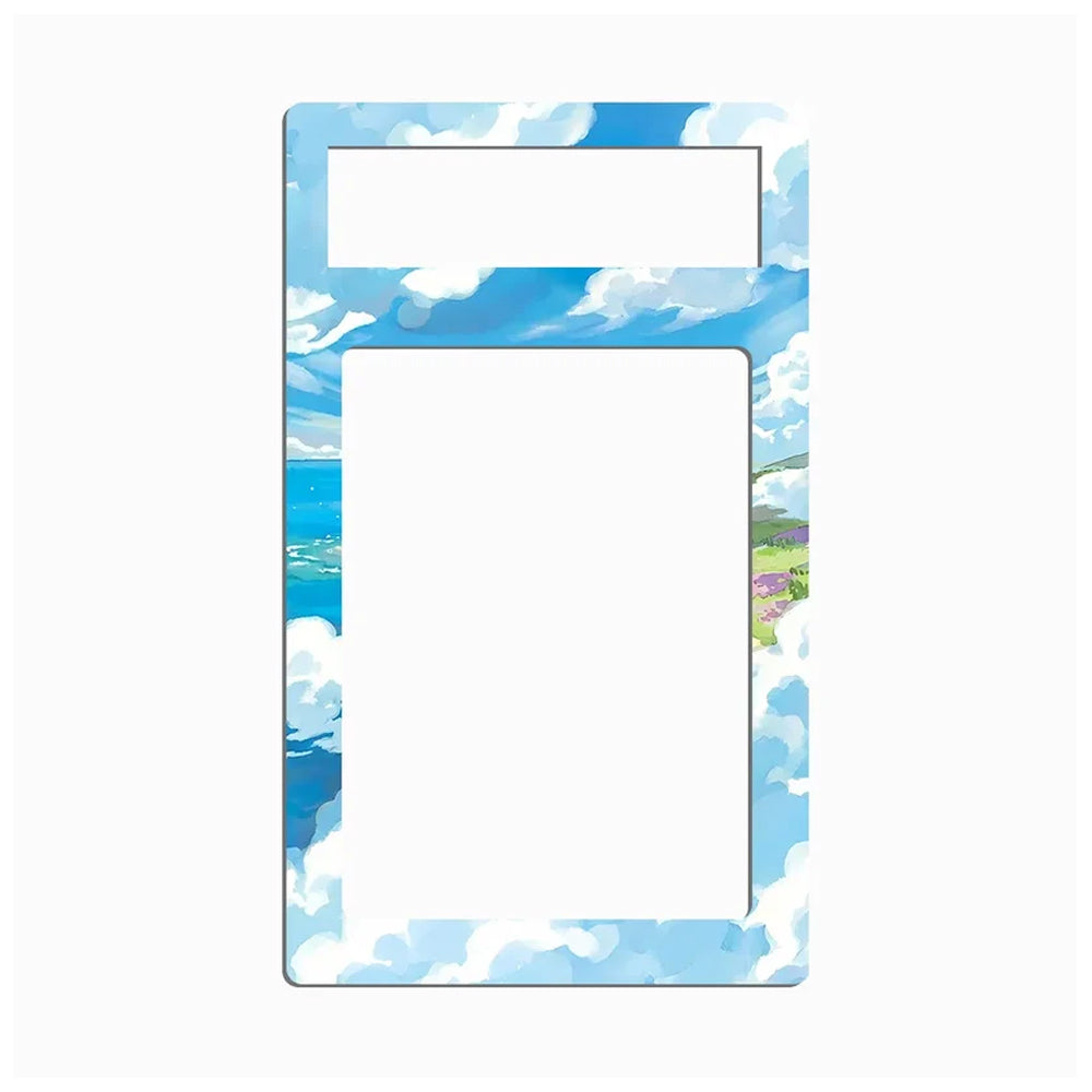 A rectangular picture frame with rounded corners, featuring a sky and cloud pattern in shades of blue and white, displayed on a light gray background.