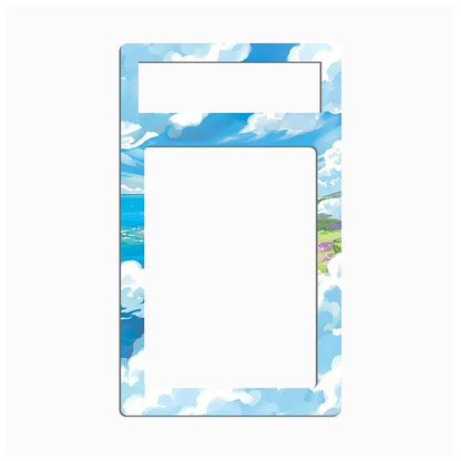 A rectangular picture frame with rounded corners, featuring a sky and cloud pattern in shades of blue and white, displayed on a light gray background.