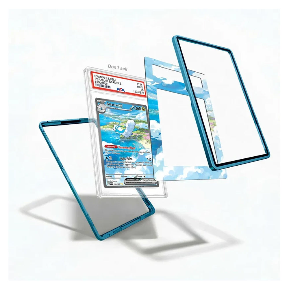 A clear protective case frame with a metallic blue border shown in multiple angles, with a Pokémon trading card partially inserted in the center on a clean white background.