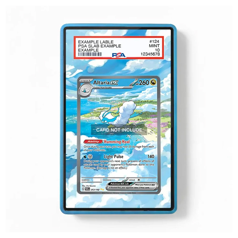 A PSA graded protective case containing a Pokémon trading card, shown against a plain white background. The case is blue with a clear front, and the top label shows PSA branding and card details.