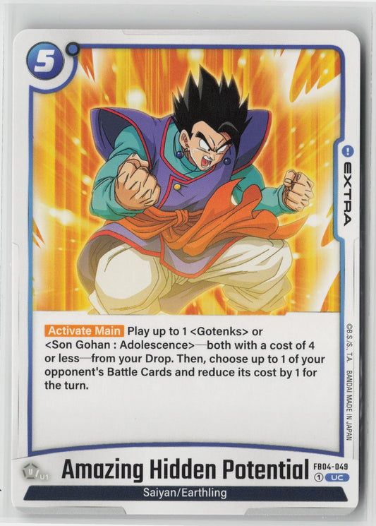 Dragon Ball Super Fusion World card of Amazing Hidden Potential (FB04-049) from the Premium Squad set, featuring Gohan and Krillin undergoing the Guru's power awakening on Namek.
