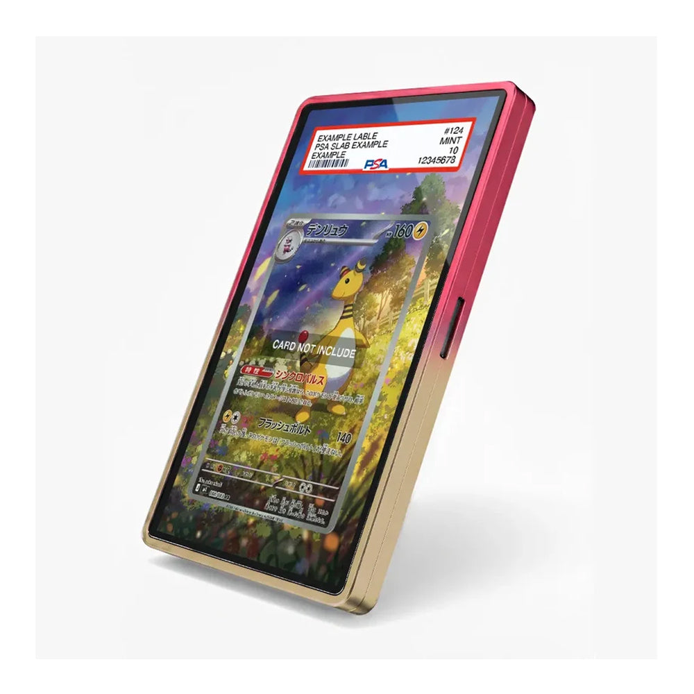 A Pokémon trading card in a protective case, shown standing upright at an angle on a light gray background. The case has a metallic gold lower half and a metallic pink upper half.