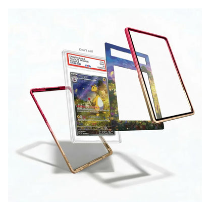 Three transparent protective card cases with colorful borders are displayed on a white background, with one case shown holding a Pokémon TCG card graded PSA 10.