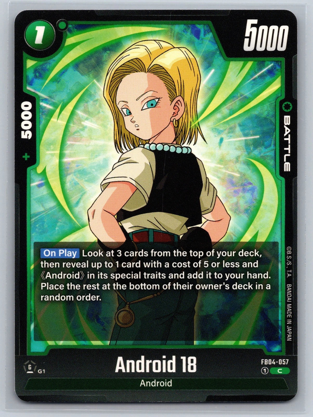 Dragon Ball Super Fusion World card of Android 18 (FB04-057) from the Ultra Limit [FB04] set, featuring the character in her classic casual attire within a Blue Character card frame.